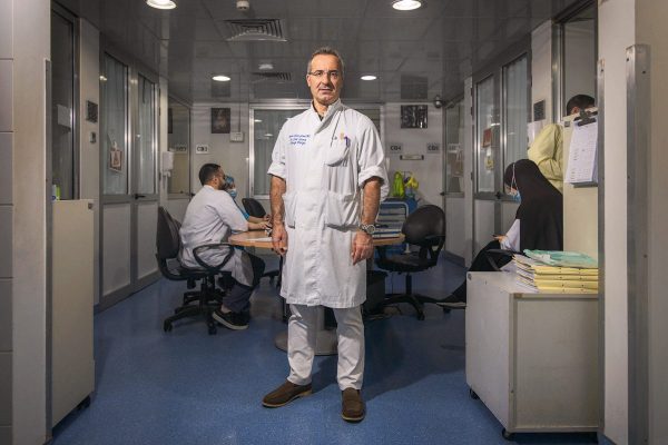 Ziad Sleiman Reconstructive plastic surgeon at Geitawi Hospital’s specialist burn unit, poses quickly surrounded by his colleagues on a typically busy working day. The unit has a capacity of nine beds, but has managed to increase to 25 to cope with the influx of patients injured by Israeli airstrikes, who have been coming and going since the beginning of the war. “Being the only specialist unit in the country equipped to deal with burns, for the past two months we have only dealt with serious cases. However, we have no space for every patient, and the hardest choice is to decide whom to take care of.”